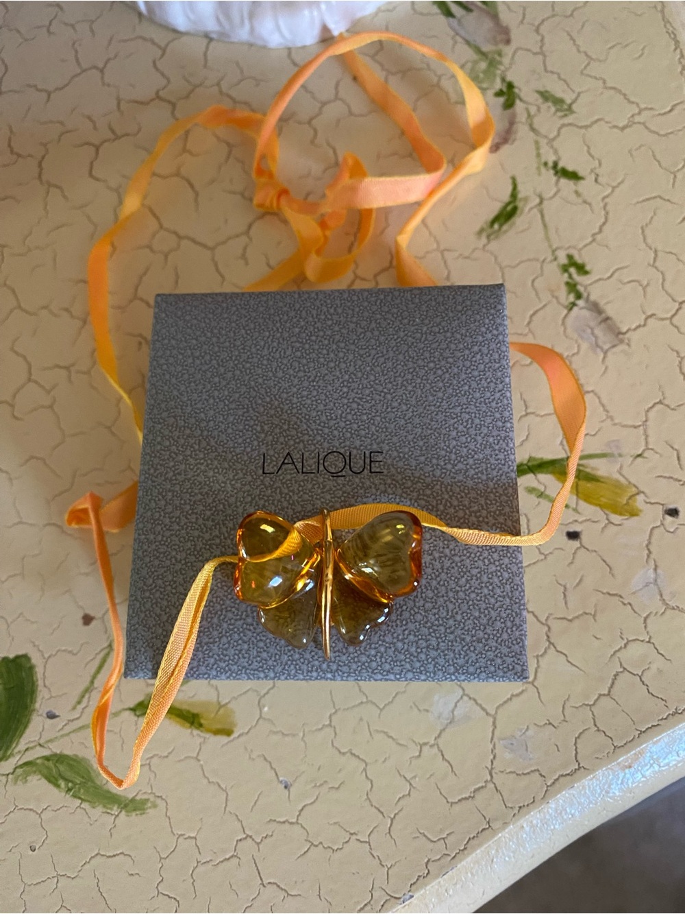 Lalique Amber Glass Butterfly on Orange Ribbon